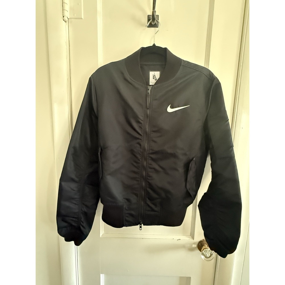 Nike Black Nylon Bomber Jacket S Ruched Sleeves Pockets Full Zip Y2K Sporty